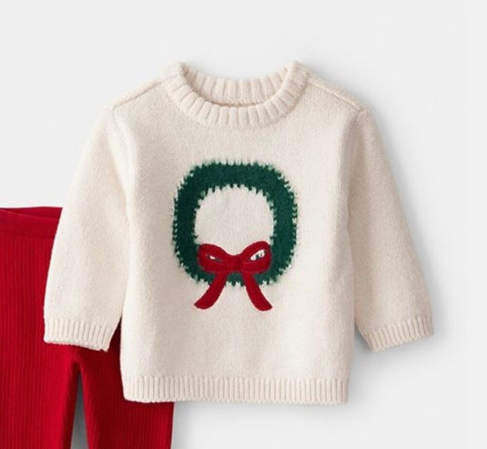 NEW! Carter's Size 5T Girls Wreath Long Sleeve Sweater White / Ivy